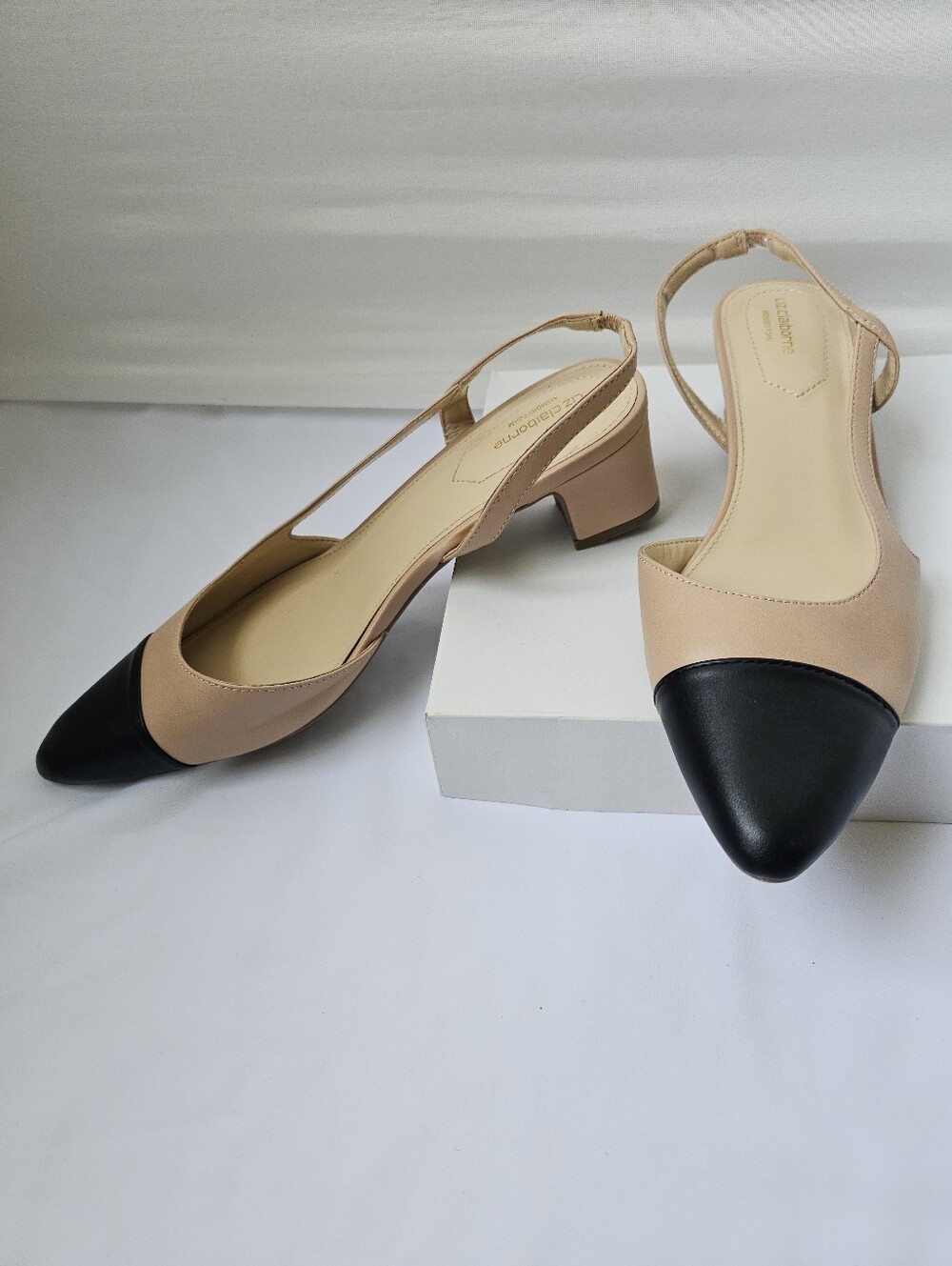 Two-Tone Slingback Pointed Toe Pumps in Beige and Black - Picture 12 of 16